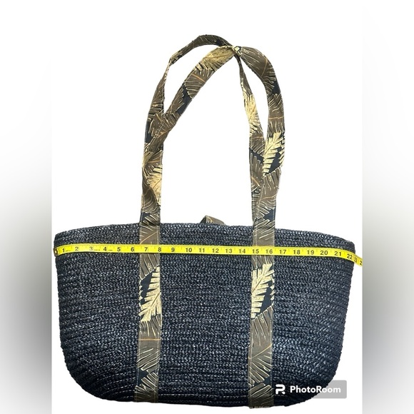 Black With Tropical Print Large Straw Beach/Summer Tote Bag - Picture 2 of 4